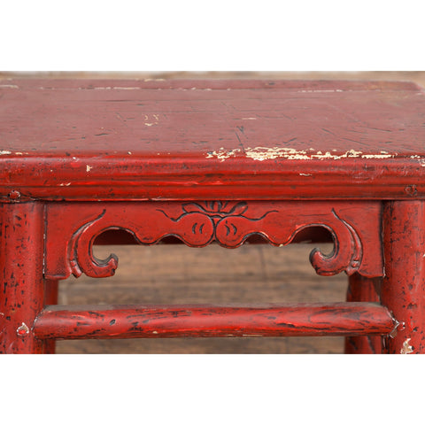 Chinese Qing Dynasty 19th Century Red Lacquered Stool with Carved Apron-YN7606-7. Asian & Chinese Furniture, Art, Antiques, Vintage Home Décor for sale at FEA Home