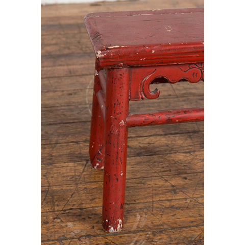 Chinese Qing Dynasty 19th Century Red Lacquered Stool with Carved Apron-YN7606-8. Asian & Chinese Furniture, Art, Antiques, Vintage Home Décor for sale at FEA Home