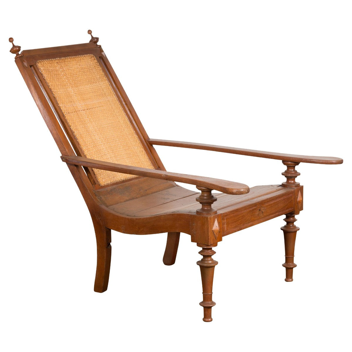 Dutch Colonial Wood and Rattan Lounge Chair with Slanted Back and Carved Finials-1. Asian & Chinese Furniture, Art, Antiques, Vintage Home Décor for sale at FEA Home