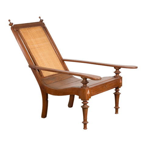 Dutch Colonial Wood and Rattan Lounge Chair with Slanted Back and Carved Finials-YN7610-16. Asian & Chinese Furniture, Art, Antiques, Vintage Home Décor for sale at FEA Home