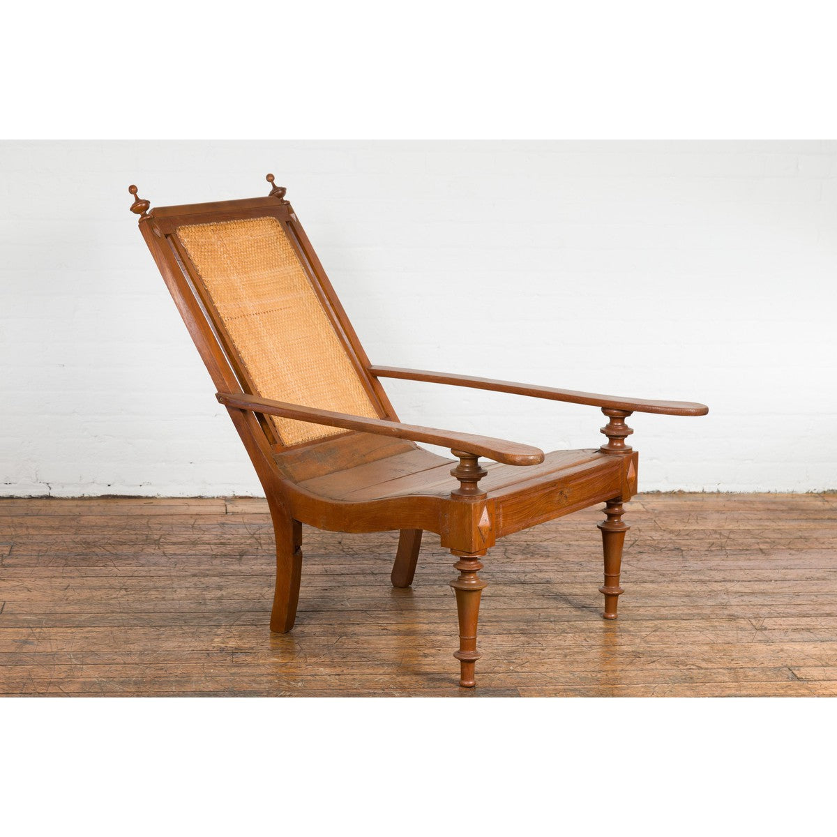 Dutch Colonial Wood and Rattan Lounge Chair with Slanted Back and Carved Finials-2. Asian & Chinese Furniture, Art, Antiques, Vintage Home Décor for sale at FEA Home