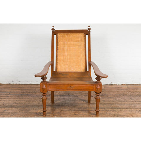 Dutch Colonial Wood and Rattan Lounge Chair with Slanted Back and Carved Finials-YN7610-3. Asian & Chinese Furniture, Art, Antiques, Vintage Home Décor for sale at FEA Home