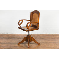 1940s Art Deco Style Swivel Desk Chair with Woven Rattan and Loop Arms