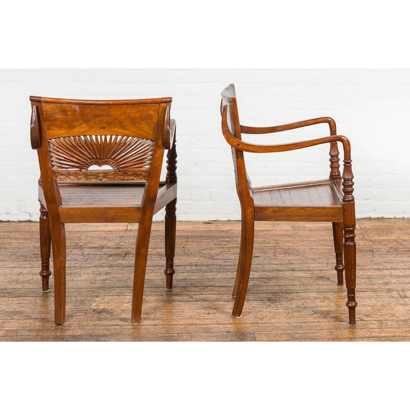 Dutch Colonial Teak Dining Room Chairs with Carved Radiating Backs, Set of Six-YN7614-11. Asian & Chinese Furniture, Art, Antiques, Vintage Home Décor for sale at FEA Home