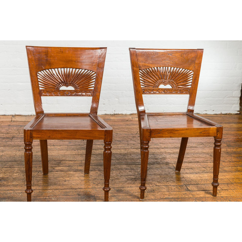 Dutch Colonial Teak Dining Room Chairs with Carved Radiating Backs, Set of Six-YN7614-12. Asian & Chinese Furniture, Art, Antiques, Vintage Home Décor for sale at FEA Home