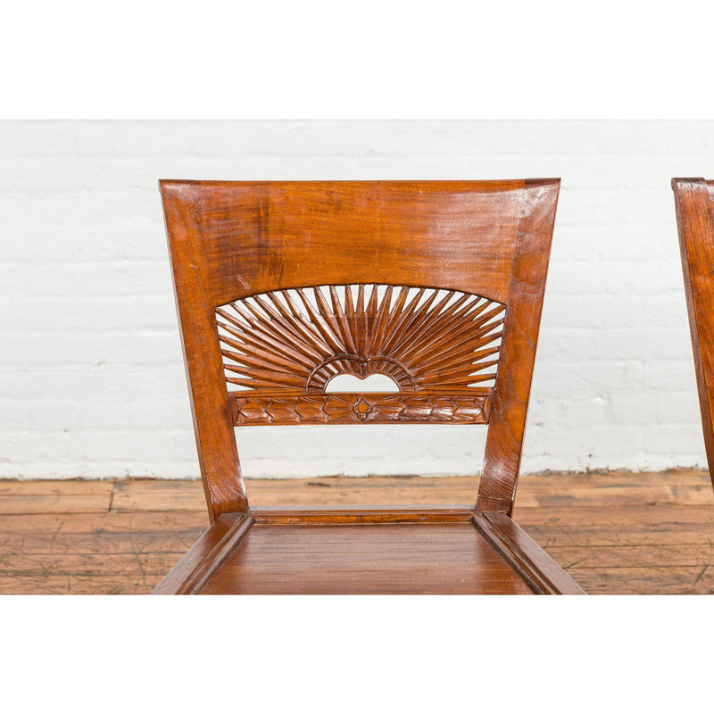 Dutch Colonial Teak Dining Room Chairs with Carved Radiating Backs, Set of Six-YN7614-13. Asian & Chinese Furniture, Art, Antiques, Vintage Home Décor for sale at FEA Home