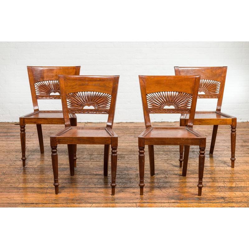 Dutch Colonial Teak Dining Room Chairs with Carved Radiating Backs, Set of Six-YN7614-16. Asian & Chinese Furniture, Art, Antiques, Vintage Home Décor for sale at FEA Home