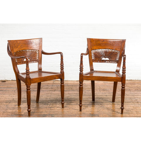 Dutch Colonial Teak Dining Room Chairs with Carved Radiating Backs, Set of Six-YN7614-2. Asian & Chinese Furniture, Art, Antiques, Vintage Home Décor for sale at FEA Home