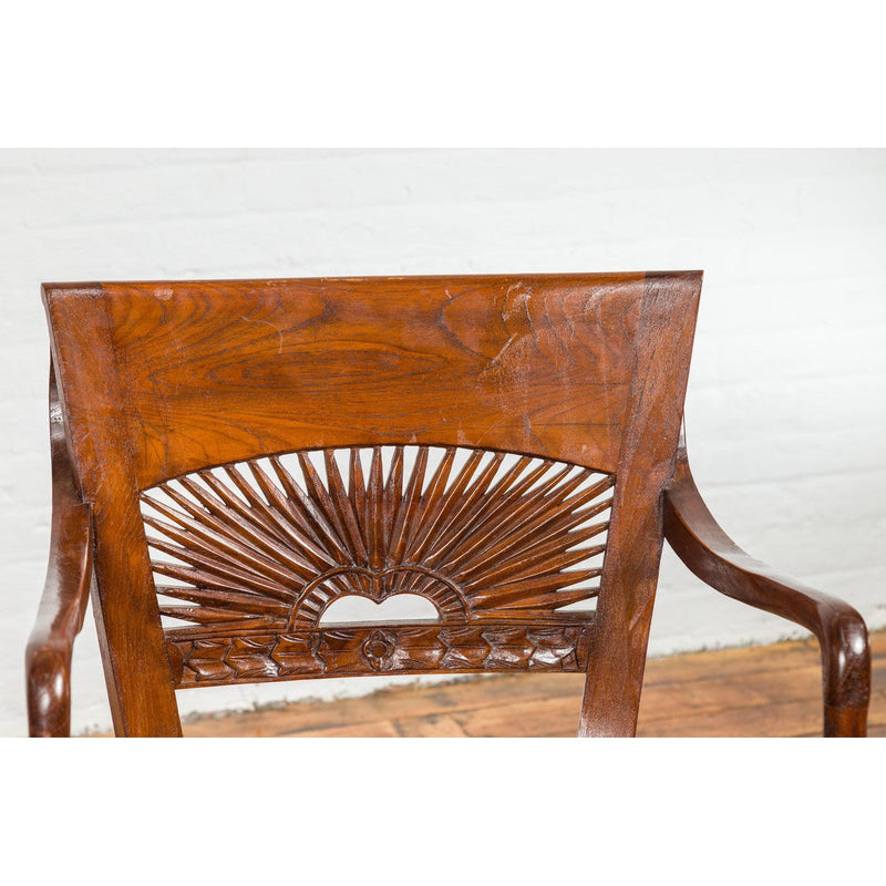 Dutch Colonial Teak Dining Room Chairs with Carved Radiating Backs, Set of Six-YN7614-3. Asian & Chinese Furniture, Art, Antiques, Vintage Home Décor for sale at FEA Home