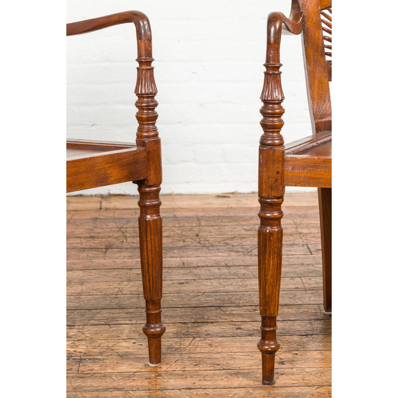 Dutch Colonial Teak Dining Room Chairs with Carved Radiating Backs, Set of Six-YN7614-8. Asian & Chinese Furniture, Art, Antiques, Vintage Home Décor for sale at FEA Home