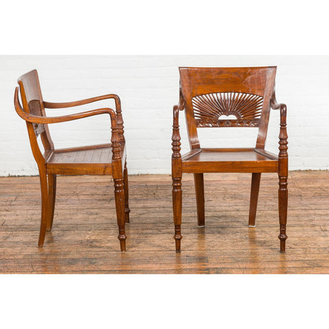 Dutch Colonial Teak Dining Room Chairs with Carved Radiating Backs, Set of Six-YN7614-9. Asian & Chinese Furniture, Art, Antiques, Vintage Home Décor for sale at FEA Home