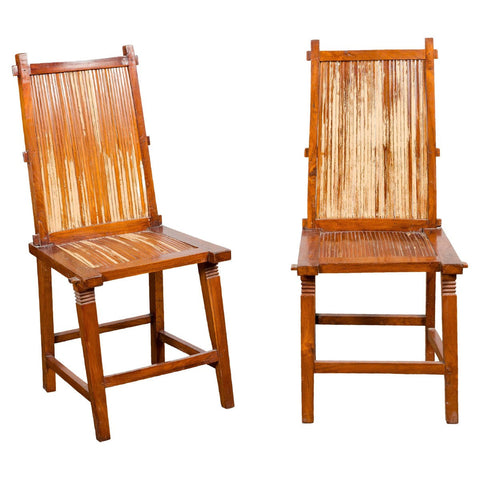 Wooden Side Chairs with Bamboo Slats, Distressed Finish and Tapered Legs, a Pair-YN7615-1. Asian & Chinese Furniture, Art, Antiques, Vintage Home Décor for sale at FEA Home