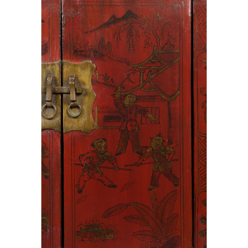 Chinese Qing Dynasty Period Red Lacquer Bedside Cabinet with Hand-Painted Décor-YN7632-10. Asian & Chinese Furniture, Art, Antiques, Vintage Home Décor for sale at FEA Home