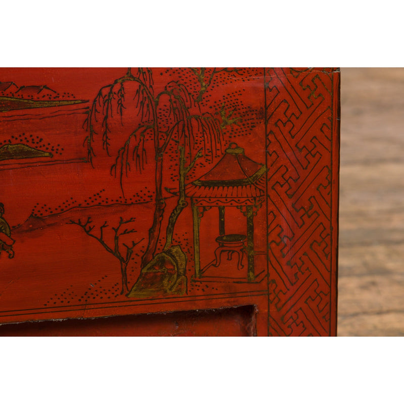 Chinese Qing Dynasty Period Red Lacquer Bedside Cabinet with Hand-Painted Décor-YN7632-13. Asian & Chinese Furniture, Art, Antiques, Vintage Home Décor for sale at FEA Home