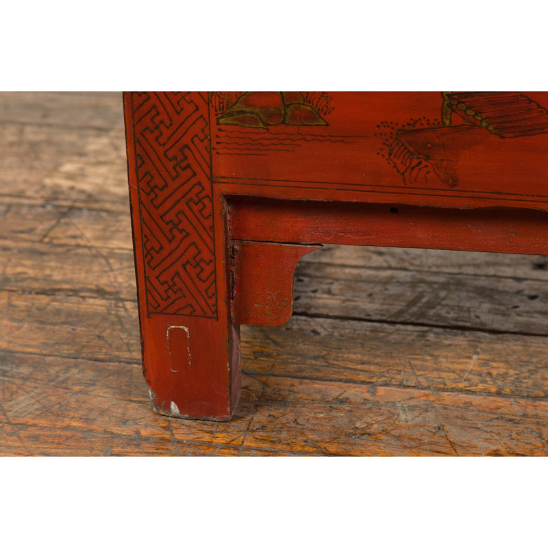 Chinese Qing Dynasty Period Red Lacquer Bedside Cabinet with Hand-Painted Décor-YN7632-15. Asian & Chinese Furniture, Art, Antiques, Vintage Home Décor for sale at FEA Home