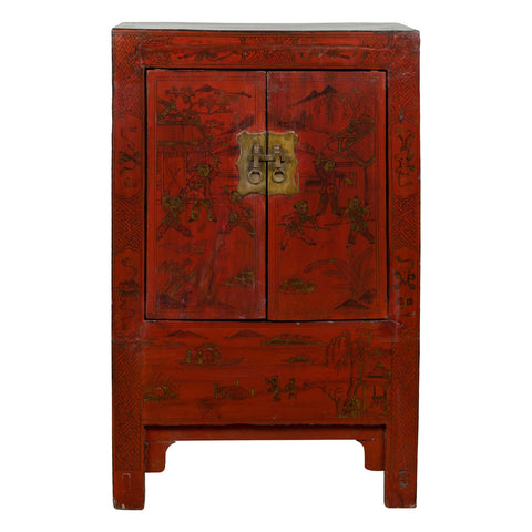 Chinese Qing Dynasty Period Red Lacquer Bedside Cabinet with Hand-Painted Décor-YN7632-1. Asian & Chinese Furniture, Art, Antiques, Vintage Home Décor for sale at FEA Home