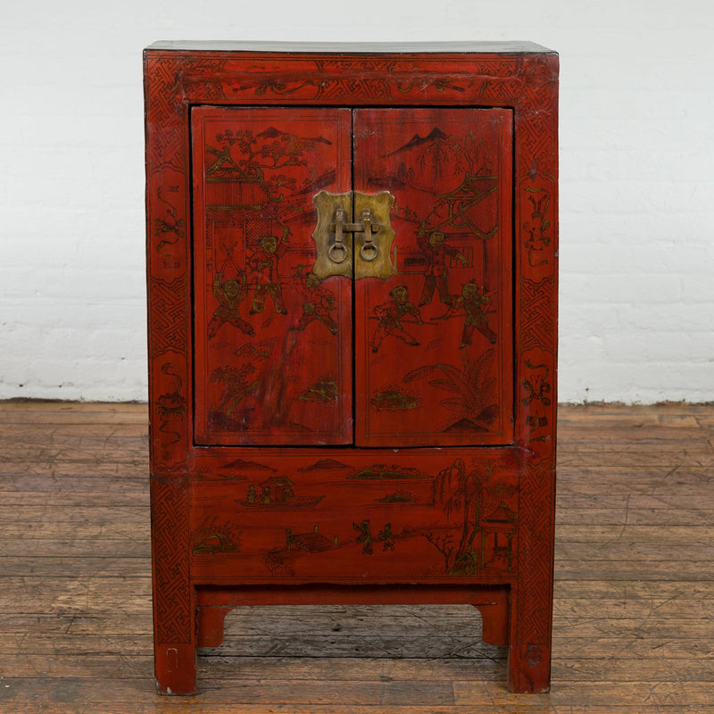 Chinese Qing Dynasty Period Red Lacquer Bedside Cabinet with Hand-Painted Décor-YN7632-2. Asian & Chinese Furniture, Art, Antiques, Vintage Home Décor for sale at FEA Home