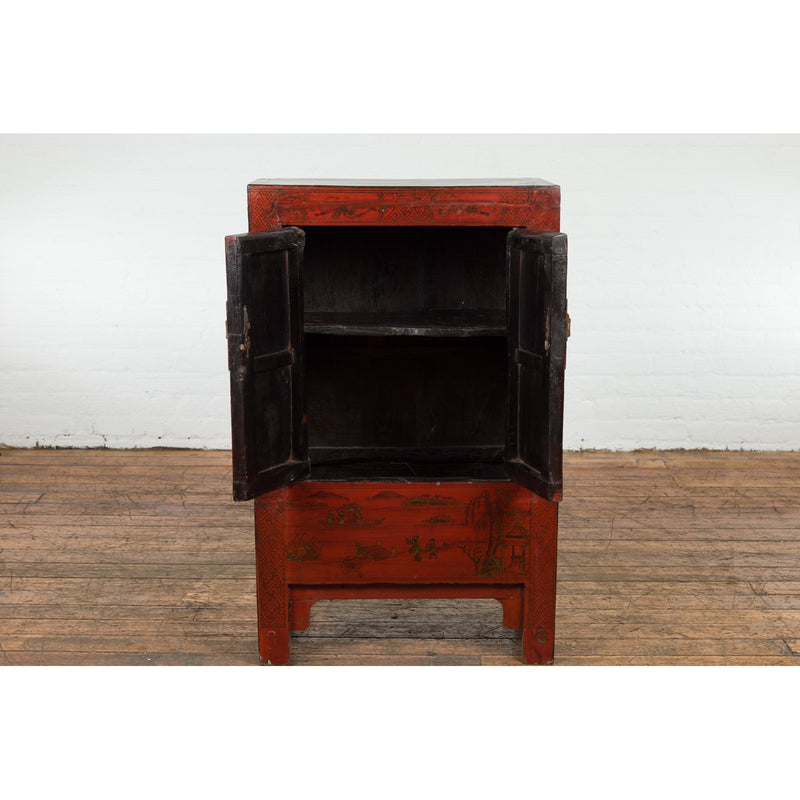 Chinese Qing Dynasty Period Red Lacquer Bedside Cabinet with Hand-Painted Décor-YN7632-3. Asian & Chinese Furniture, Art, Antiques, Vintage Home Décor for sale at FEA Home