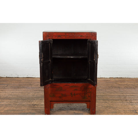 Chinese Qing Dynasty Period Red Lacquer Bedside Cabinet with Hand-Painted Décor-YN7632-3. Asian & Chinese Furniture, Art, Antiques, Vintage Home Décor for sale at FEA Home