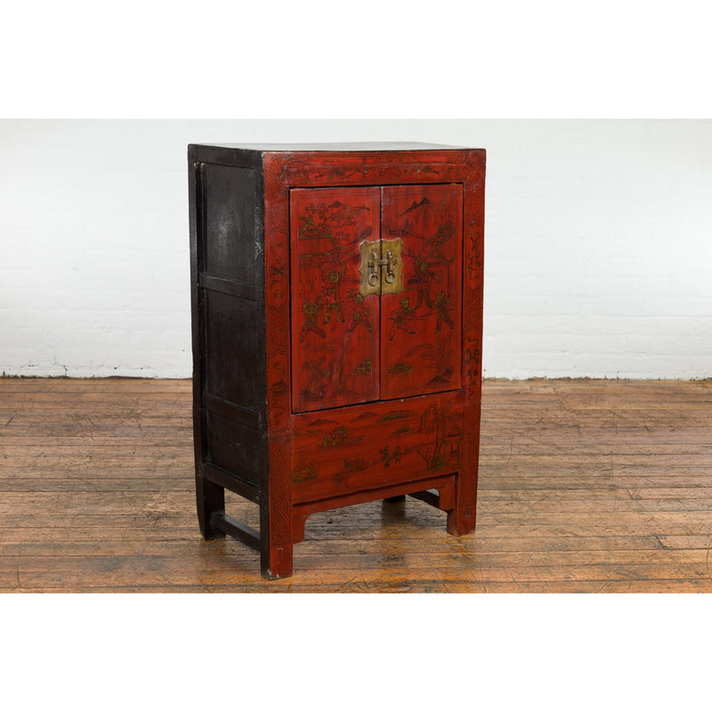 Chinese Qing Dynasty Period Red Lacquer Bedside Cabinet with Hand-Painted Décor-YN7632-4. Asian & Chinese Furniture, Art, Antiques, Vintage Home Décor for sale at FEA Home