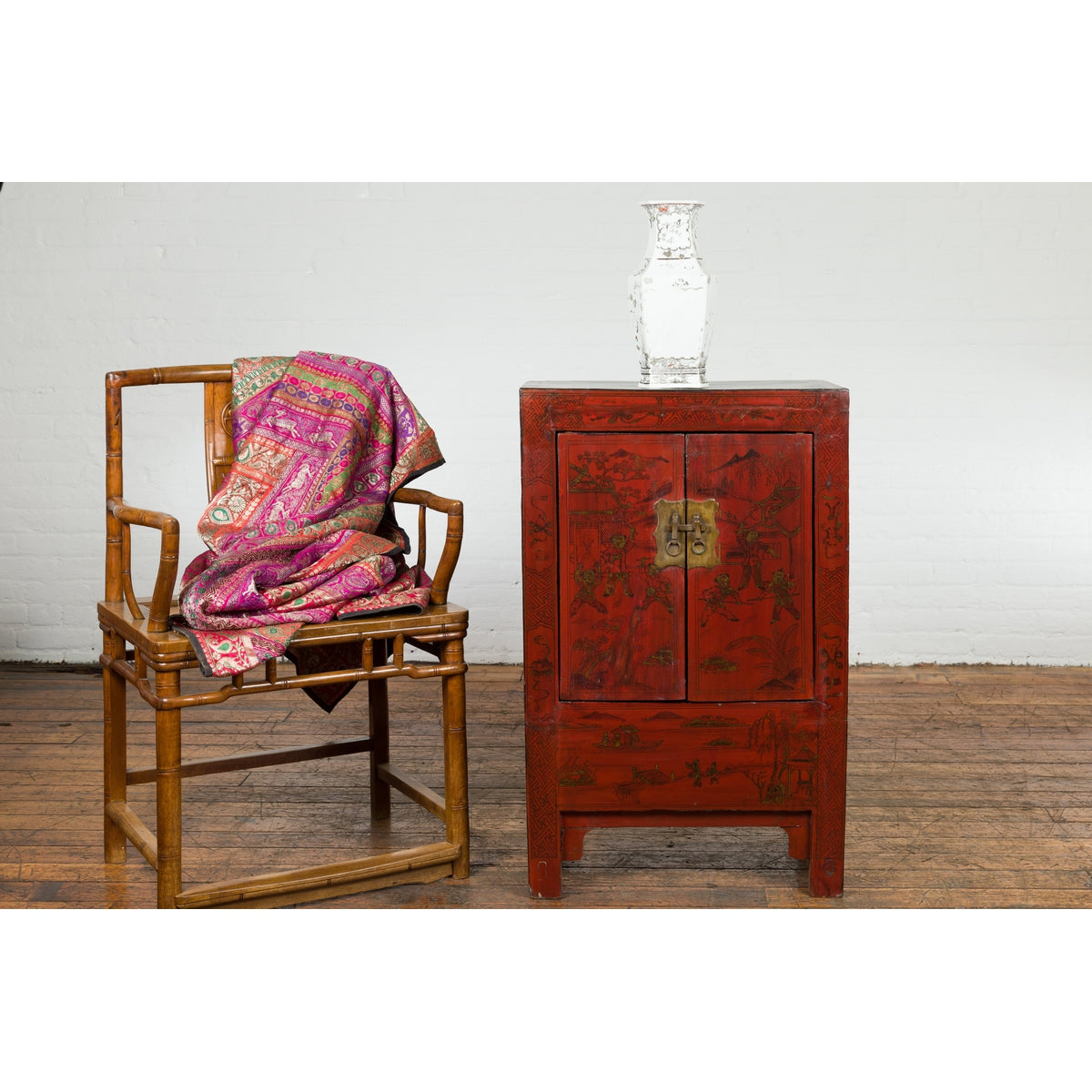 Chinese Qing Dynasty Period Red Lacquer Bedside Cabinet with Hand-Painted Décor-5. Asian &amp; Chinese Furniture, Art, Antiques, Vintage Home Décor for sale at FEA Home
