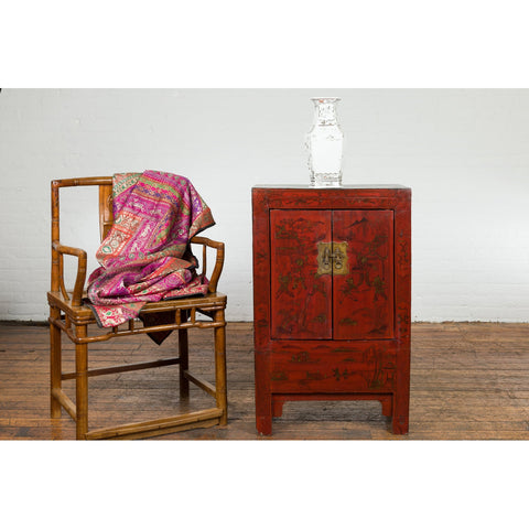 Chinese Qing Dynasty Period Red Lacquer Bedside Cabinet with Hand-Painted Décor-YN7632-5. Asian & Chinese Furniture, Art, Antiques, Vintage Home Décor for sale at FEA Home