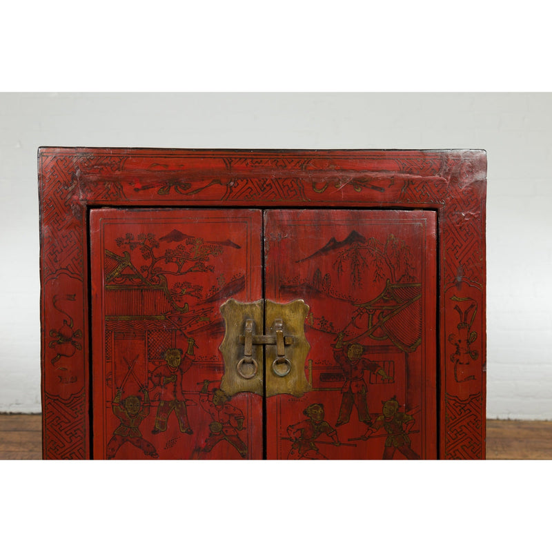 Chinese Qing Dynasty Period Red Lacquer Bedside Cabinet with Hand-Painted Décor-YN7632-6. Asian & Chinese Furniture, Art, Antiques, Vintage Home Décor for sale at FEA Home