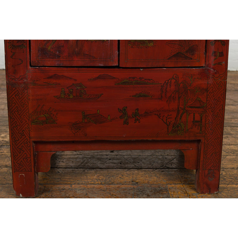 Chinese Qing Dynasty Period Red Lacquer Bedside Cabinet with Hand-Painted Décor-YN7632-8. Asian & Chinese Furniture, Art, Antiques, Vintage Home Décor for sale at FEA Home