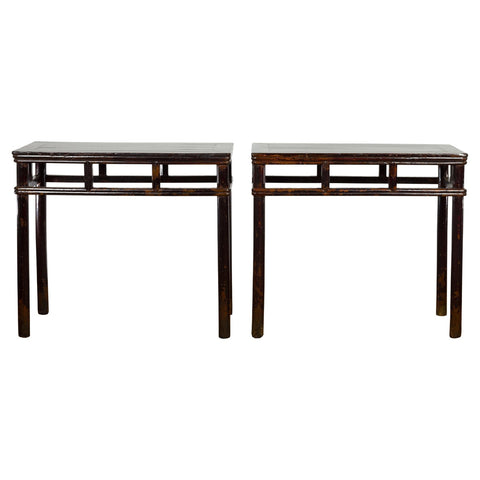Pair of Late Qing Dynasty Wine Console Tables with Black Brown Lacquer-YN7635-1-Unique Furniture-Art-Antiques-Home Décor in NY