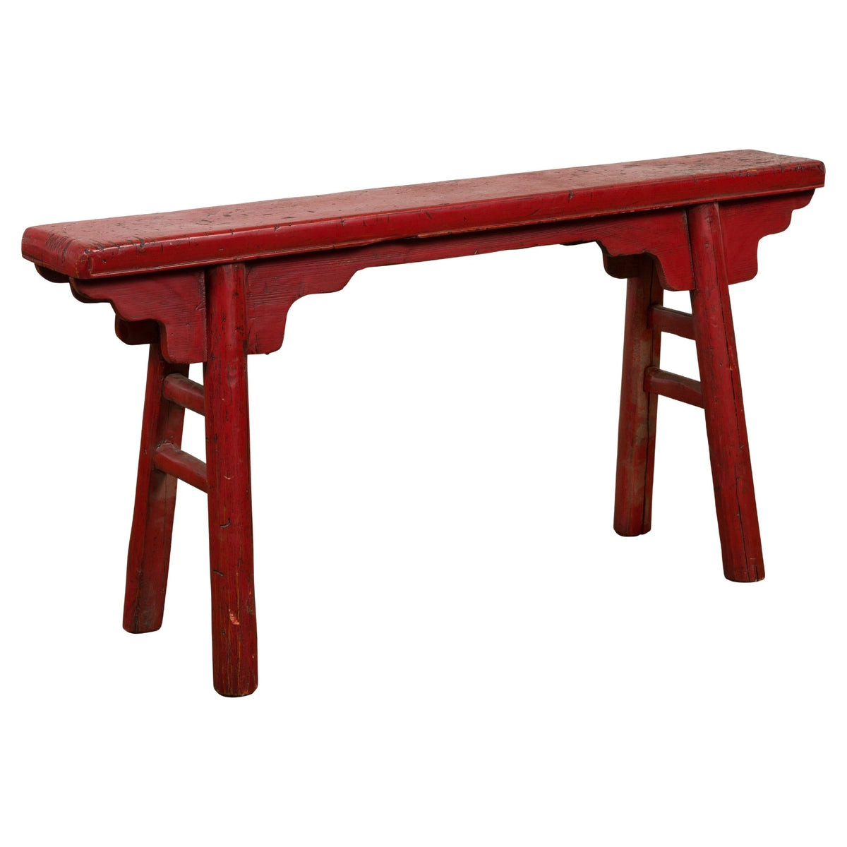 Red Lacquered Vintage Bench with A-Form Base-1. Asian & Chinese Furniture, Art, Antiques, Vintage Home Décor for sale at FEA Home