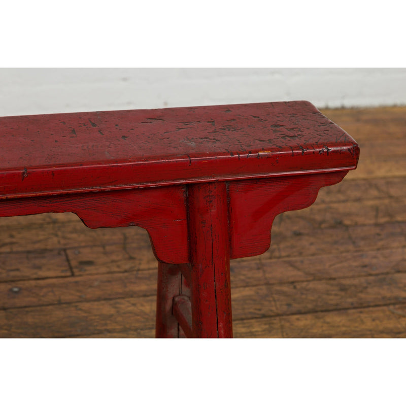 Red Lacquered Vintage Bench with A-Form Base-YN7638-10. Asian & Chinese Furniture, Art, Antiques, Vintage Home Décor for sale at FEA Home