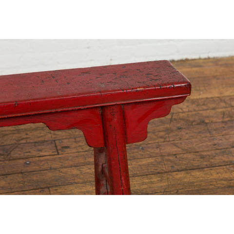 Red Lacquered Vintage Bench with A-Form Base-YN7638-11. Asian & Chinese Furniture, Art, Antiques, Vintage Home Décor for sale at FEA Home
