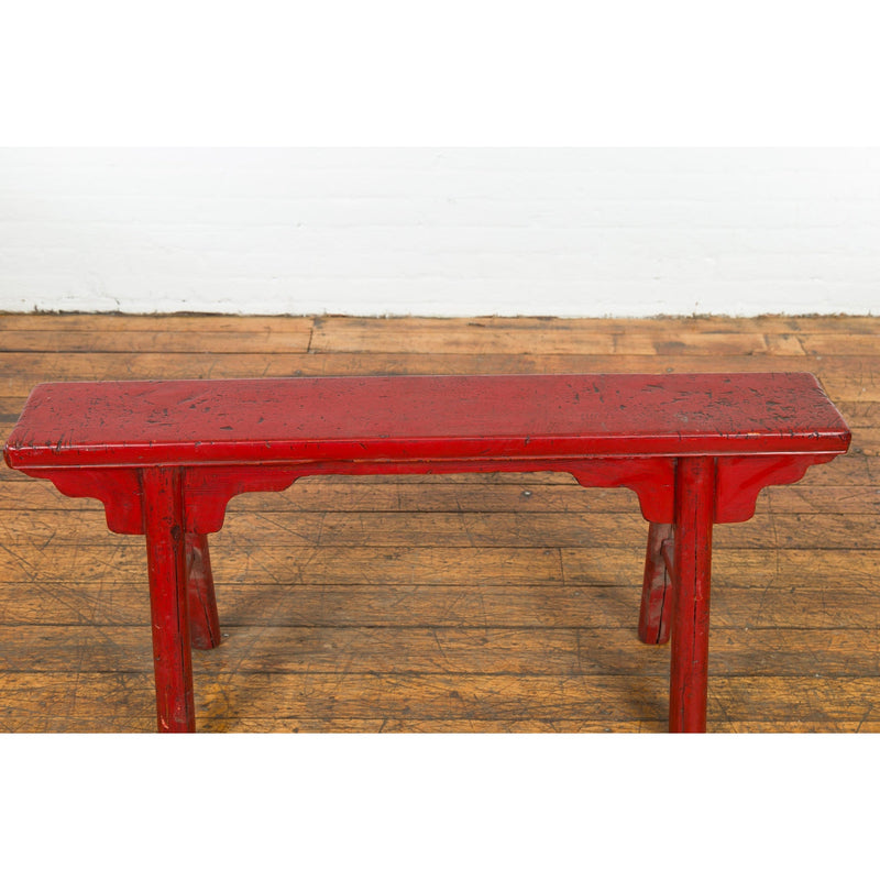 Red Lacquered Vintage Bench with A-Form Base-YN7638-13. Asian & Chinese Furniture, Art, Antiques, Vintage Home Décor for sale at FEA Home