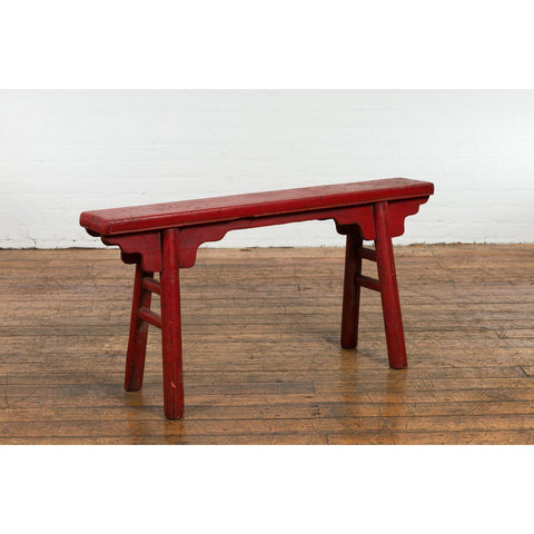 Red Lacquered Vintage Bench with A-Form Base-YN7638-14. Asian & Chinese Furniture, Art, Antiques, Vintage Home Décor for sale at FEA Home