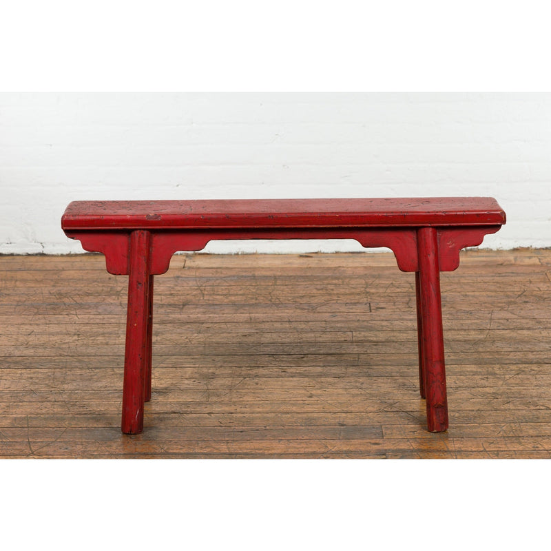 Red Lacquered Vintage Bench with A-Form Base-YN7638-16. Asian & Chinese Furniture, Art, Antiques, Vintage Home Décor for sale at FEA Home