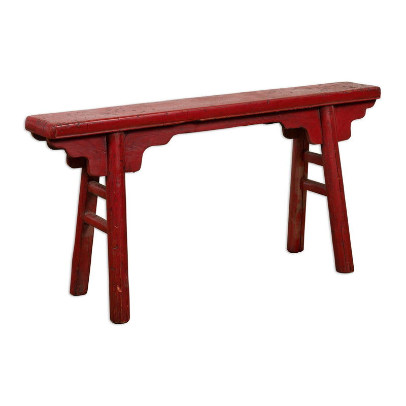 Red Lacquered Vintage Bench with A-Form Base-YN7638-18. Asian & Chinese Furniture, Art, Antiques, Vintage Home Décor for sale at FEA Home