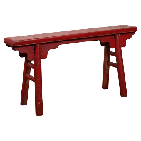 Red Lacquered Vintage Bench with A-Form Base-YN7638-1. Asian & Chinese Furniture, Art, Antiques, Vintage Home Décor for sale at FEA Home