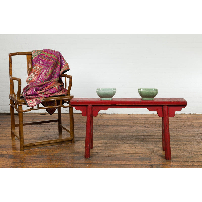 Red Lacquered Vintage Bench with A-Form Base-YN7638-3. Asian & Chinese Furniture, Art, Antiques, Vintage Home Décor for sale at FEA Home