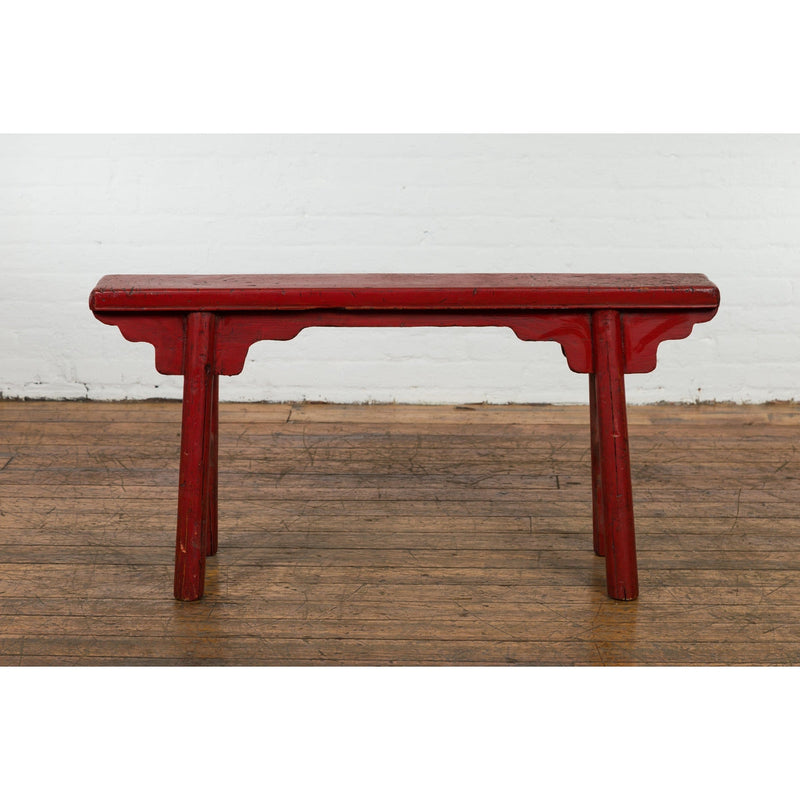 Red Lacquered Vintage Bench with A-Form Base-YN7638-4. Asian & Chinese Furniture, Art, Antiques, Vintage Home Décor for sale at FEA Home