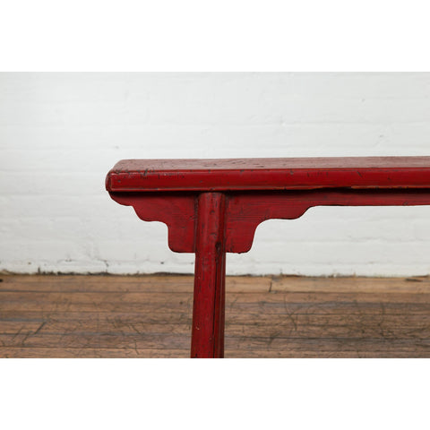 Red Lacquered Vintage Bench with A-Form Base-YN7638-5. Asian & Chinese Furniture, Art, Antiques, Vintage Home Décor for sale at FEA Home
