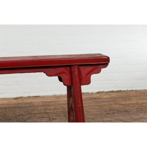 Red Lacquered Vintage Bench with A-Form Base-YN7638-6. Asian & Chinese Furniture, Art, Antiques, Vintage Home Décor for sale at FEA Home