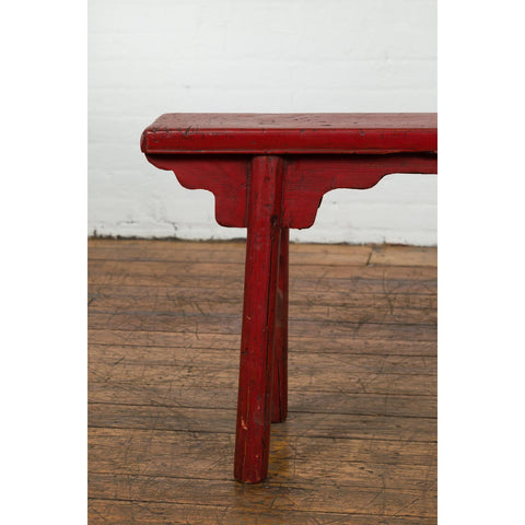 Red Lacquered Vintage Bench with A-Form Base-YN7638-7. Asian & Chinese Furniture, Art, Antiques, Vintage Home Décor for sale at FEA Home