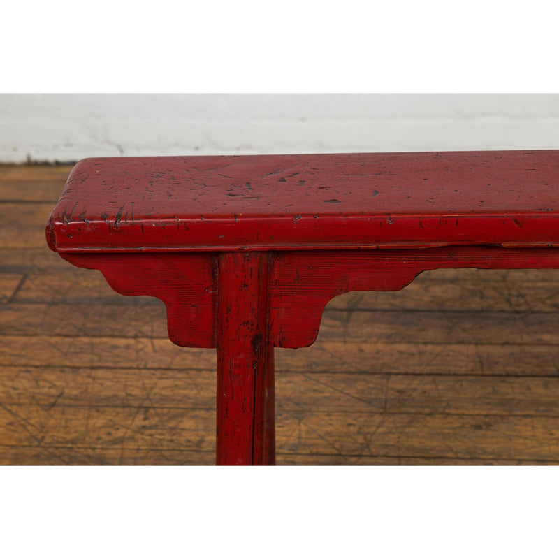 Red Lacquered Vintage Bench with A-Form Base-YN7638-9. Asian & Chinese Furniture, Art, Antiques, Vintage Home Décor for sale at FEA Home