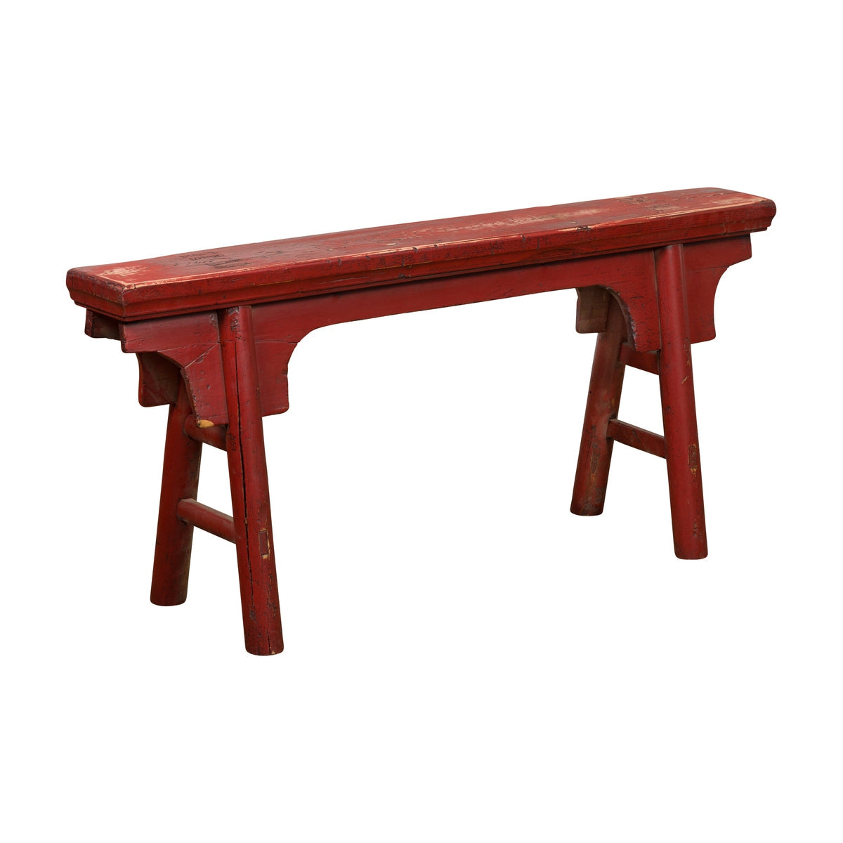 Distressed Red Lacquered Chinese Vintage Ming Style Bench with A-Form Base-1. Asian & Chinese Furniture, Art, Antiques, Vintage Home Décor for sale at FEA Home
