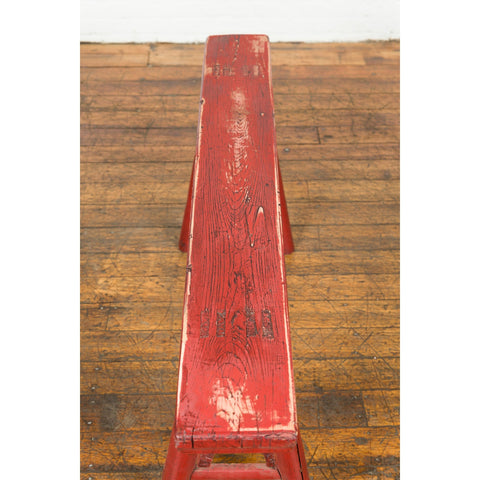 Distressed Red Lacquered Chinese Vintage Ming Style Bench with A-Form Base