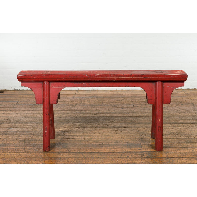 Distressed Red Lacquered Chinese Vintage Ming Style Bench with A-Form Base-YN7640-13. Asian & Chinese Furniture, Art, Antiques, Vintage Home Décor for sale at FEA Home