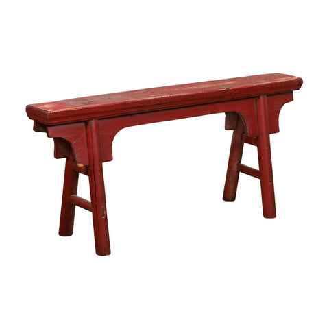 Distressed Red Lacquered Chinese Vintage Ming Style Bench with A-Form Base-YN7640-1-Shop-Vintage-and-Antique-Furniture-NY-FEA Home