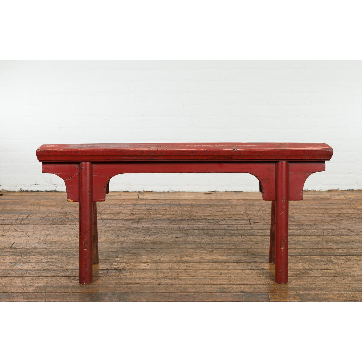 Distressed Red Lacquered Chinese Vintage Ming Style Bench with A-Form Base-2. Asian & Chinese Furniture, Art, Antiques, Vintage Home Décor for sale at FEA Home