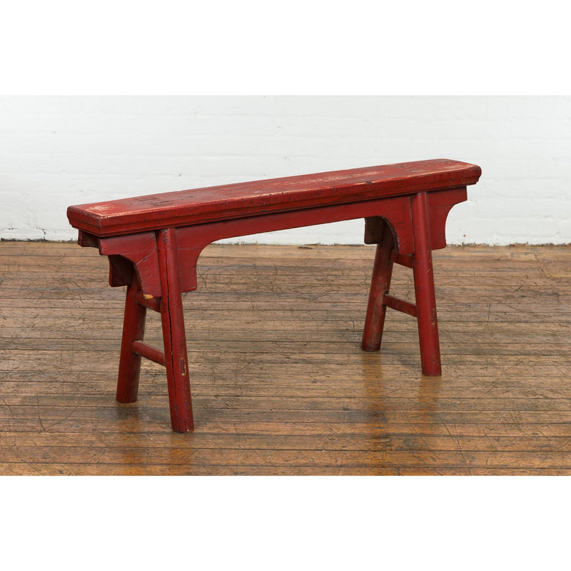 Distressed Red Lacquered Chinese Vintage Ming Style Bench with A-Form Base-YN7640-3. Asian & Chinese Furniture, Art, Antiques, Vintage Home Décor for sale at FEA Home