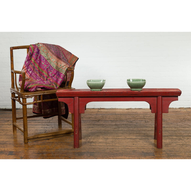 Distressed Red Lacquered Chinese Vintage Ming Style Bench with A-Form Base-YN7640-4. Asian & Chinese Furniture, Art, Antiques, Vintage Home Décor for sale at FEA Home